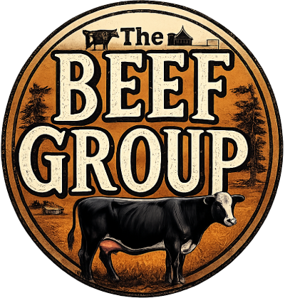 Logo of The Beef Group featuring a cow illustration.
