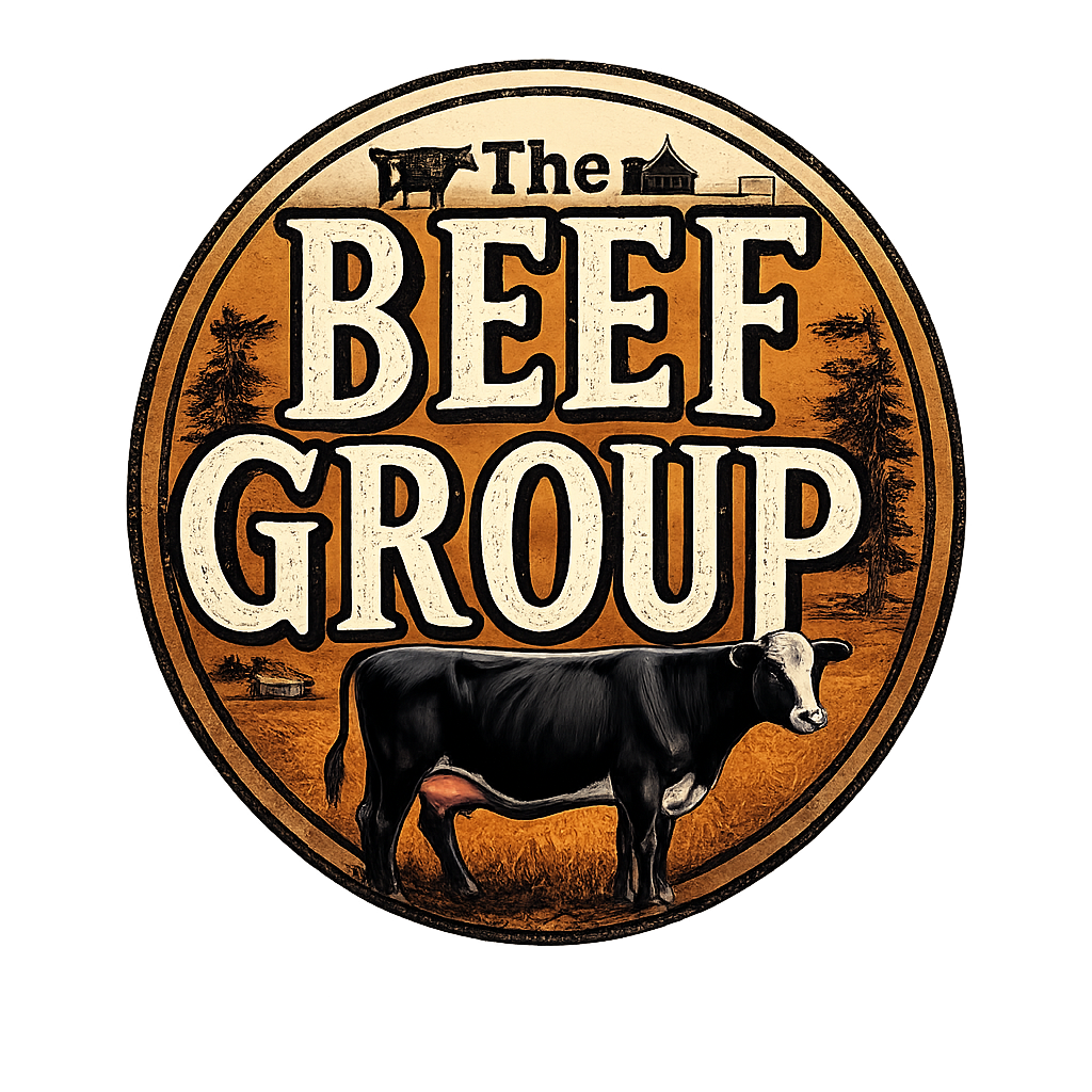 Logo of The Beef Group featuring a cow and rustic background.