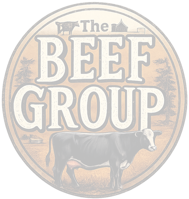 Logo of The Beef Group featuring a cow and rustic design.