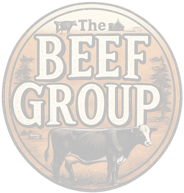 Logo of The Beef Group featuring a cow and rustic design.